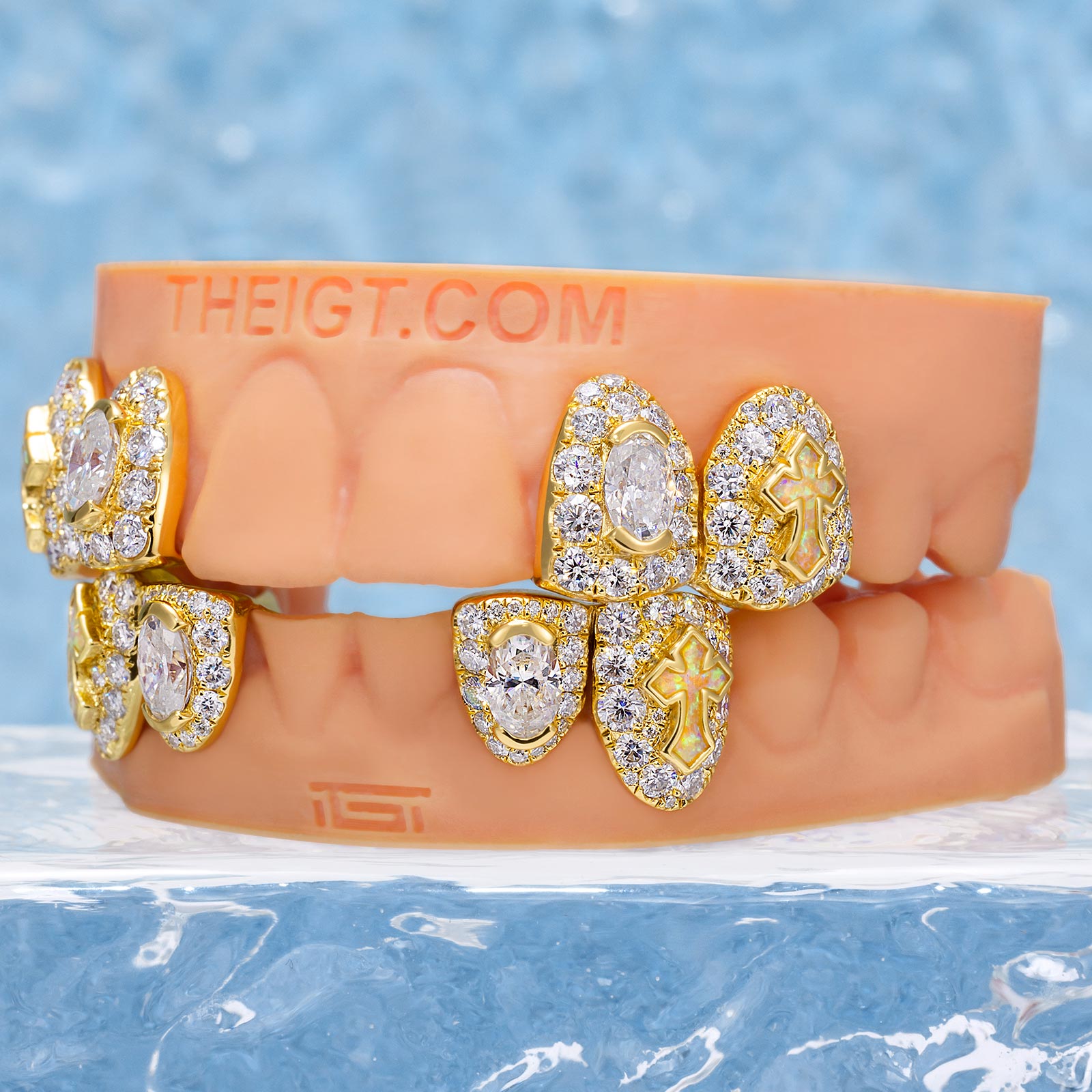 Oval Cut Diamond On Center W Opal Cross Fang Grillz