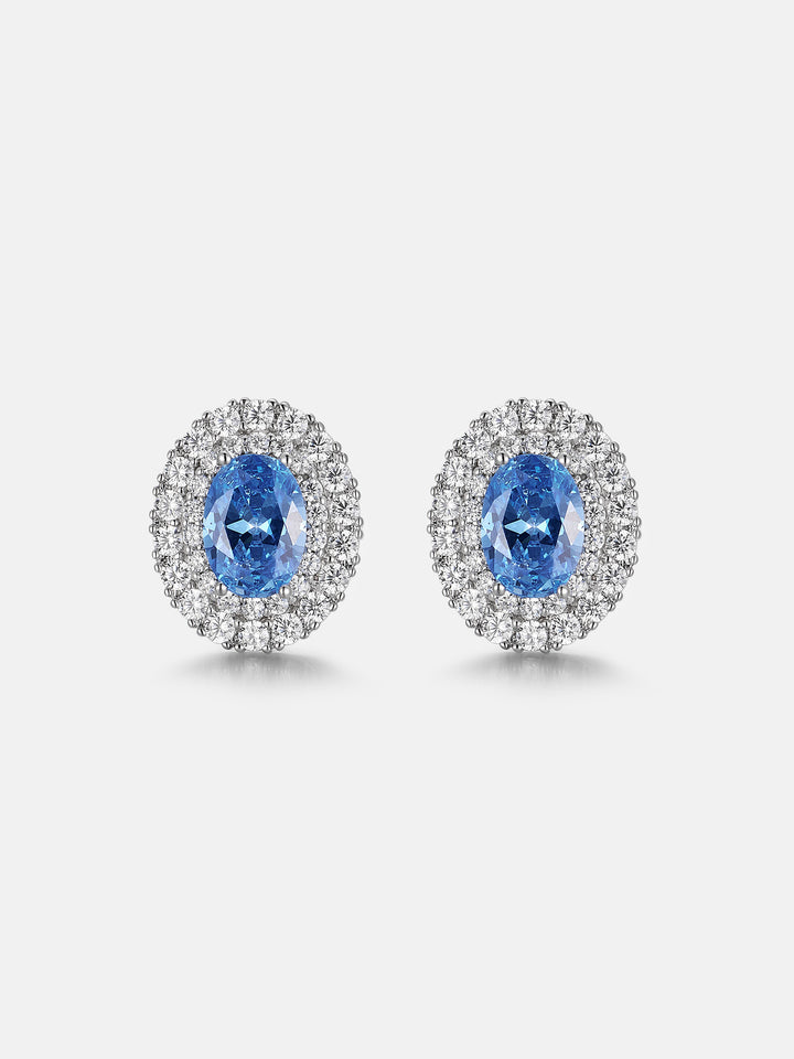 Oval Cut Halo Colored Gem & Moissanite Stud Earrings