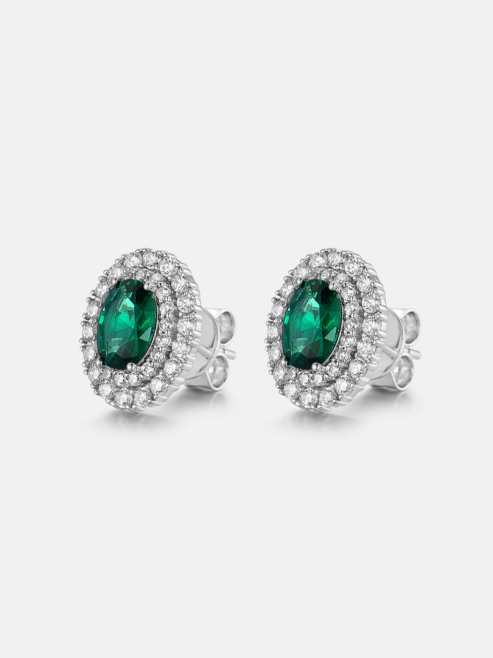 Oval Cut Halo Colored Gem & Moissanite Stud Earrings