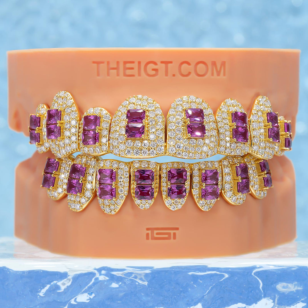 Pave Setting Diamond Grillz Radiant Cut Purple Sapphire