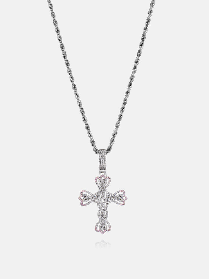 Pink Accent Moissanite Bloom Cross Pendant