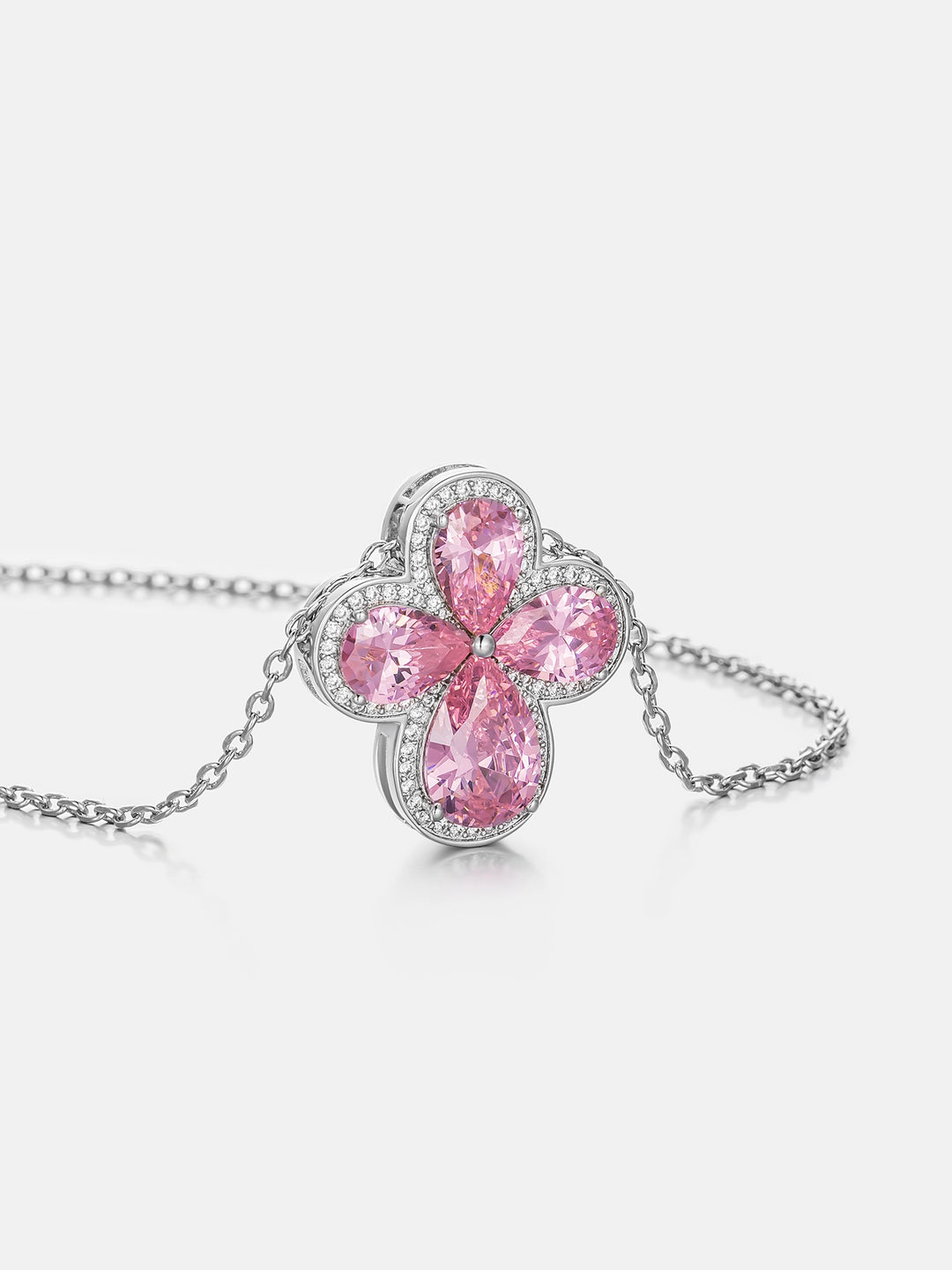 Pink Gemstone Moissanite Four Leaf Clover Adjustable Necklace