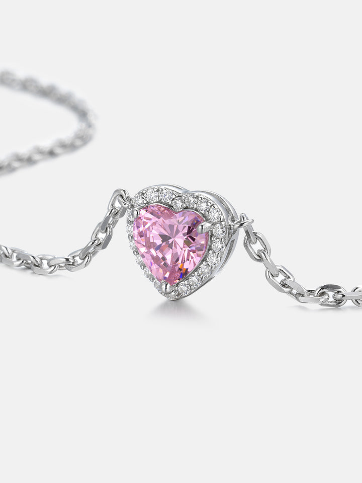 Pink Heart Gem With Moissanite Halo Adjustable Necklace