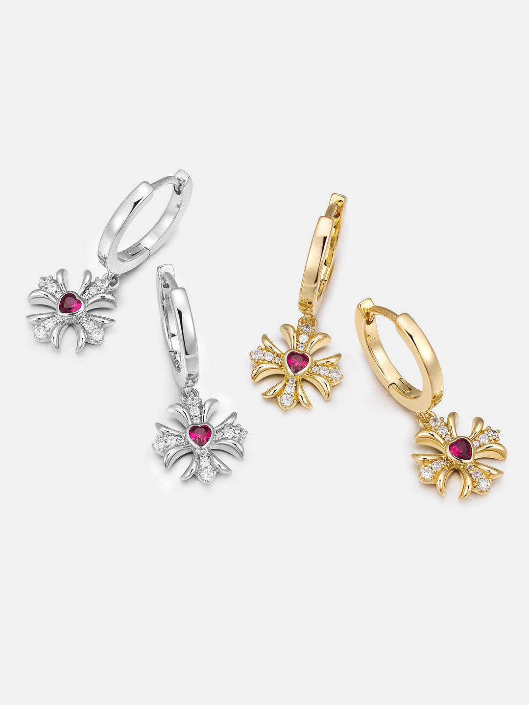 Pink Heart Gem & Moissanite Cross Hoop Earrings