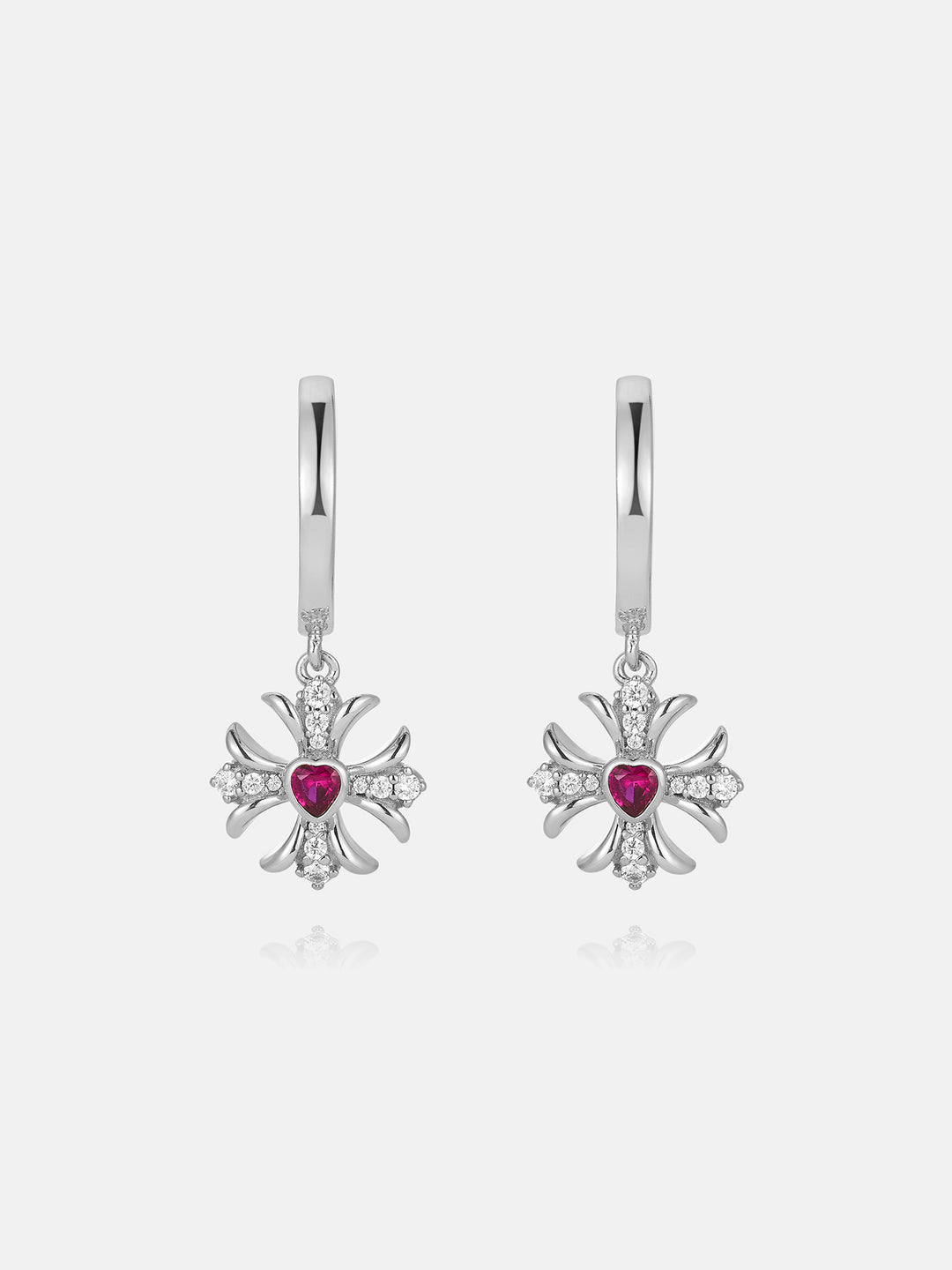 Pink Heart Gem & Moissanite Cross Hoop Earrings