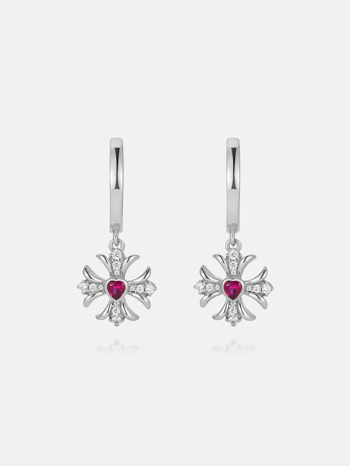 Pink Heart Gem & Moissanite Cross Hoop Earrings