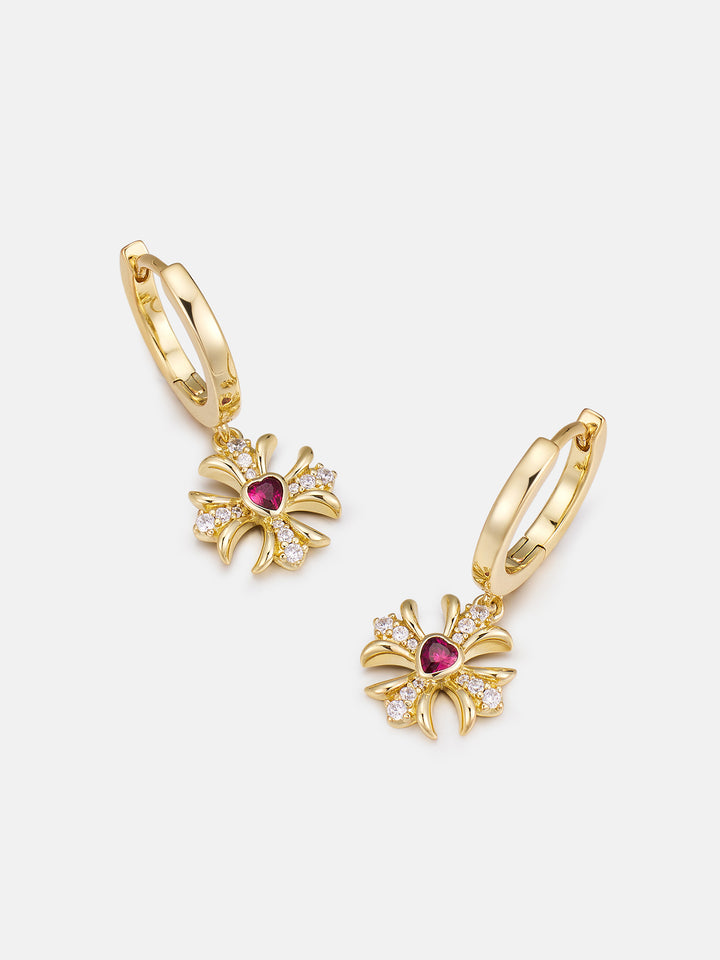 Pink Heart Gem & Moissanite Cross Hoop Earrings