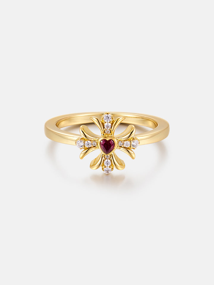 Pink Heart Gem & Moissanite Cross Ring