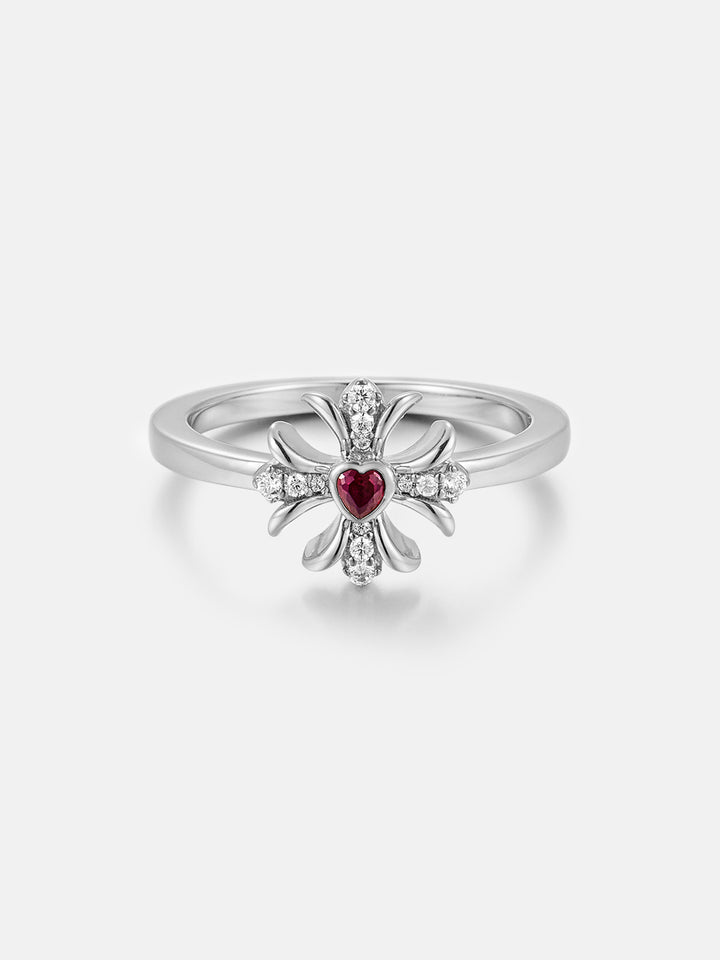 Pink Heart Gem & Moissanite Cross Ring