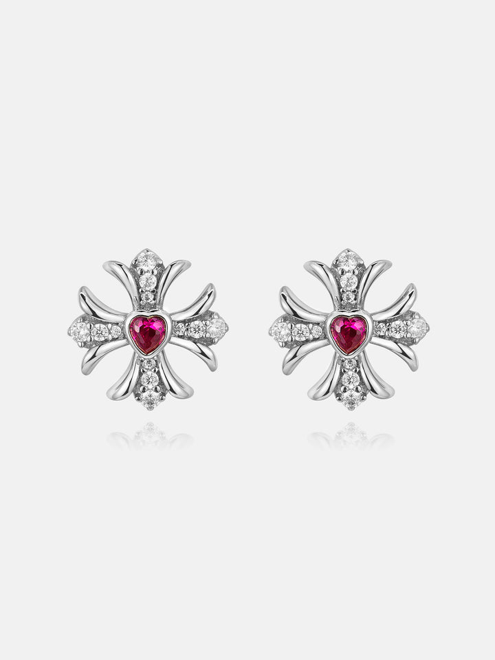 Pink Heart Gem & Moissanite Cross Stud Earrings
