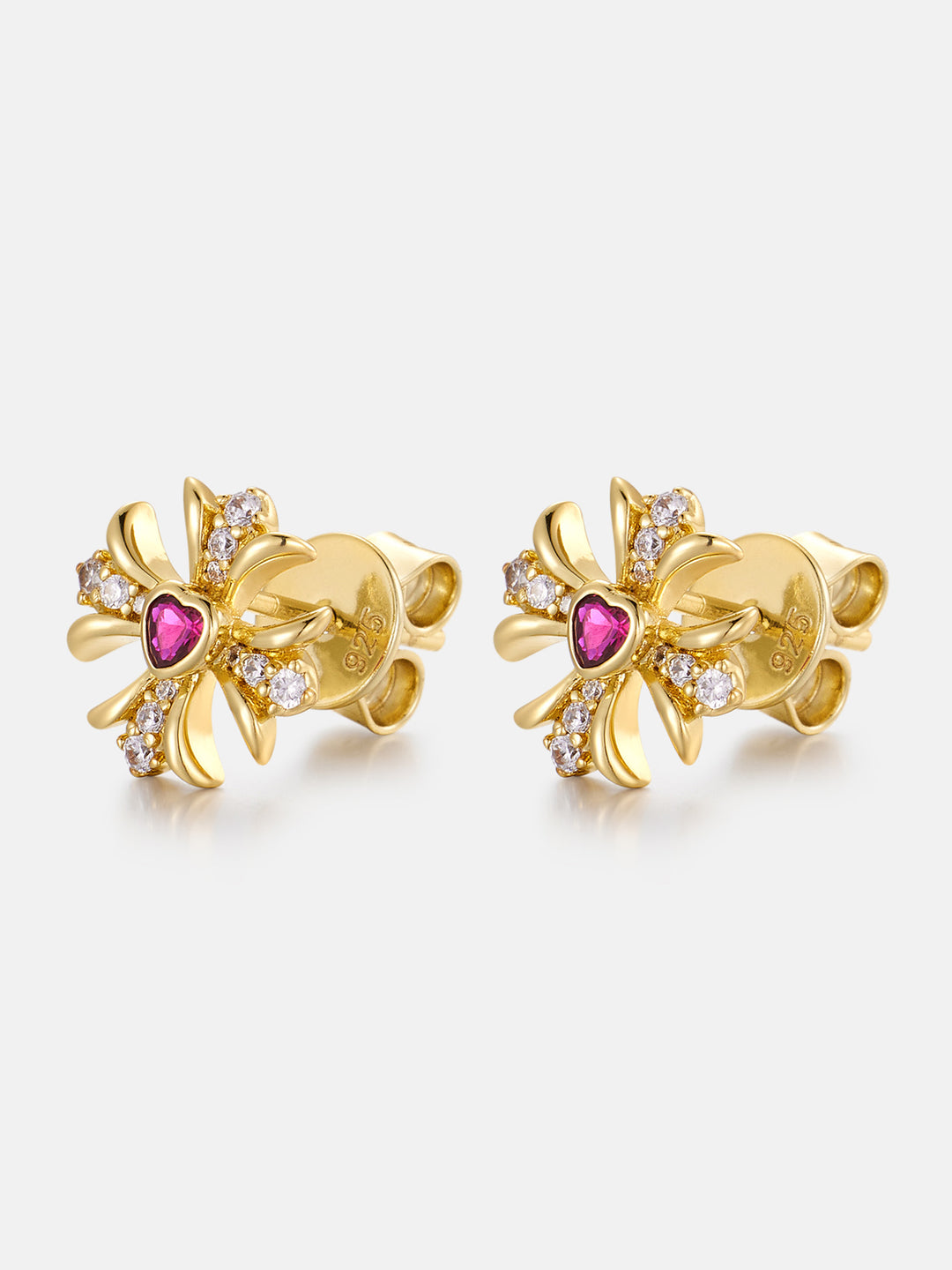 Pink Heart Gem & Moissanite Cross Stud Earrings