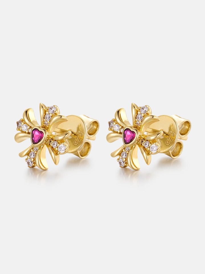 Pink Heart Gem & Moissanite Cross Stud Earrings