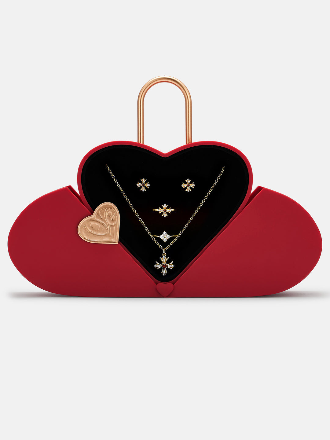 Pink Heart Moissanite Cross Necklace, Earrings & Couple Rings (4-Piece Set)