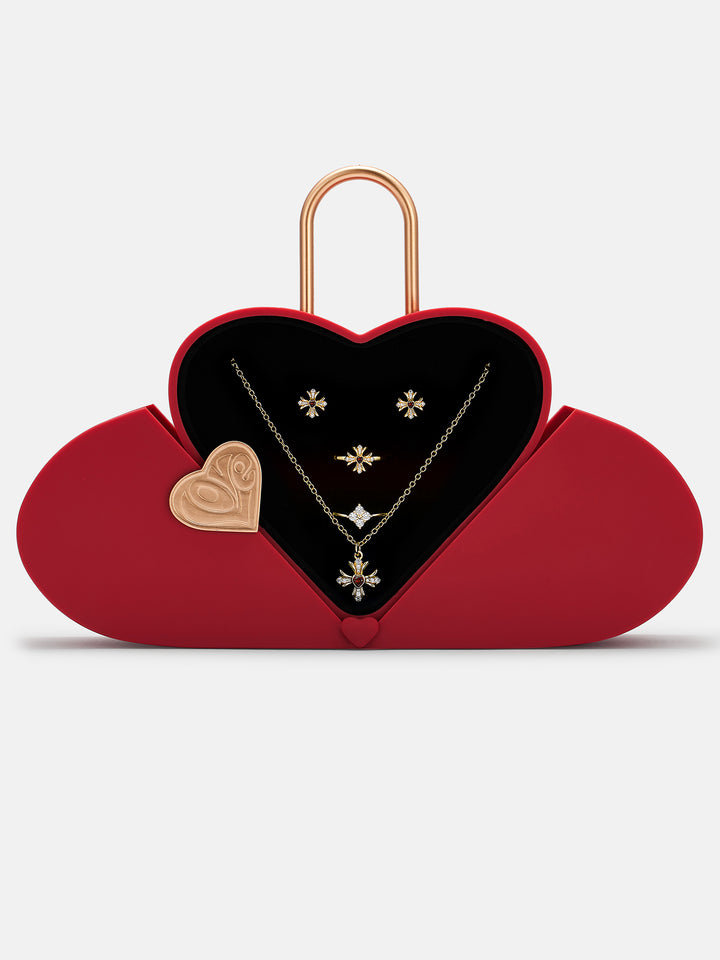 Pink Heart Moissanite Cross Necklace, Earrings & Couple Rings (4-Piece Set)