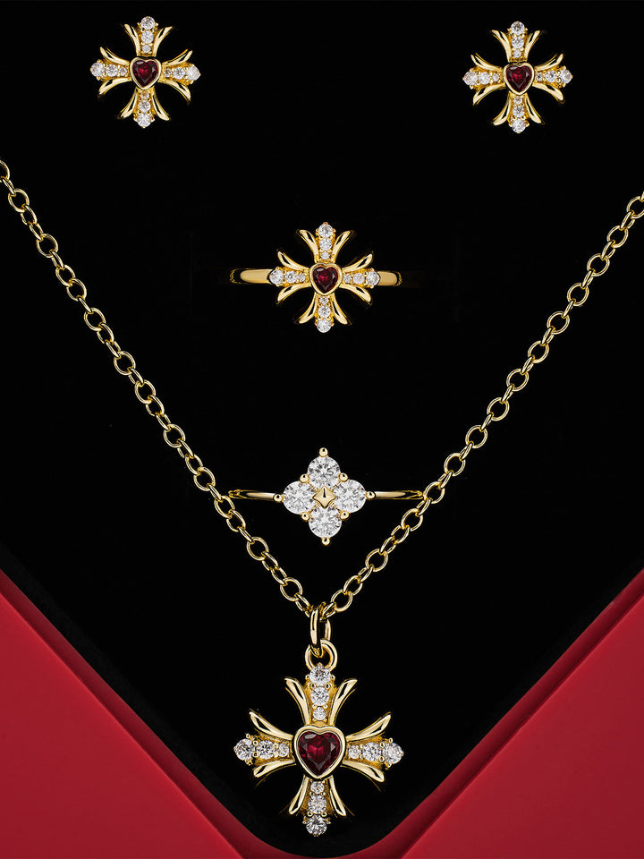 Pink Heart Moissanite Cross Necklace, Earrings & Couple Rings (4-Piece Set)