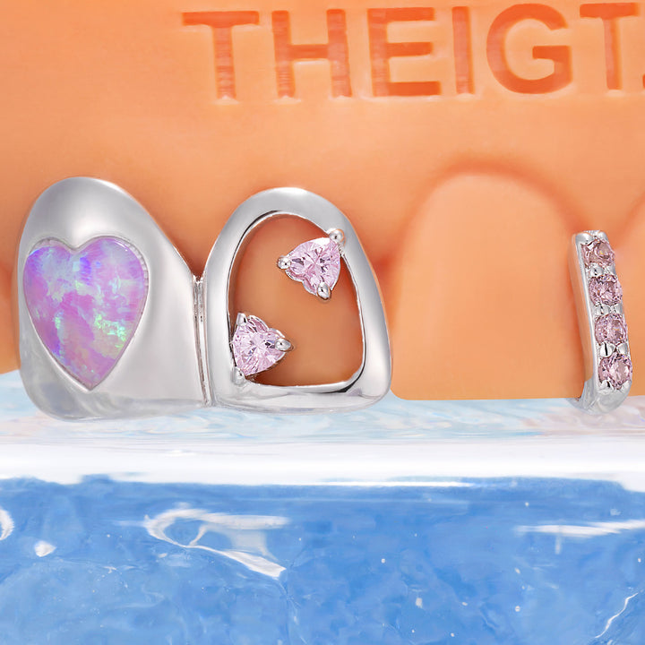 "Pink Opal Heart" Iced Bar Grillz