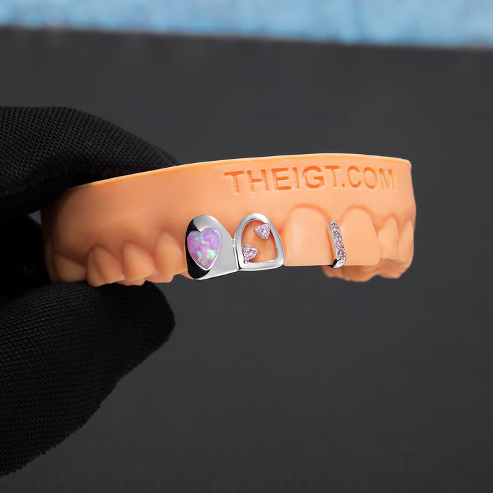 "Pink Opal Heart" Iced Bar Grillz