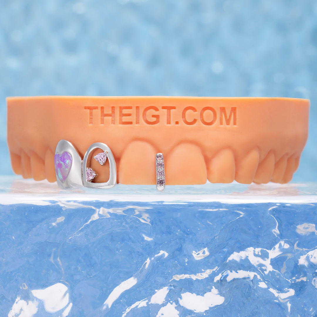 "Pink Opal Heart" Iced Bar Grillz