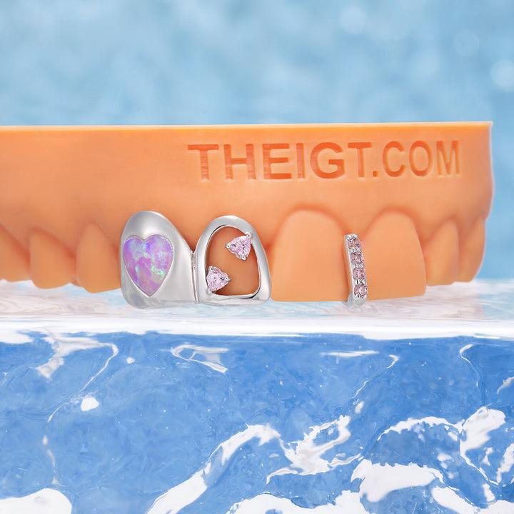 "Pink Opal Heart" Iced Bar Grillz