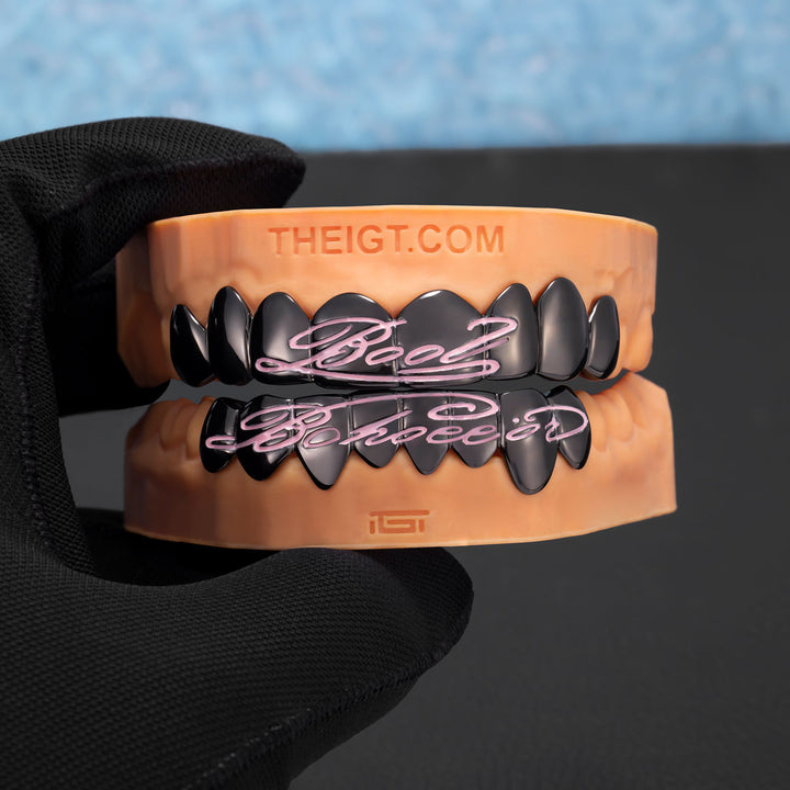 Pink Script Black Gold Grillz