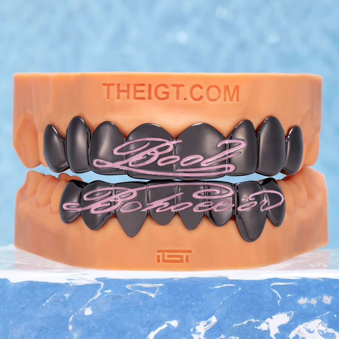 Pink Script Black Gold Grillz