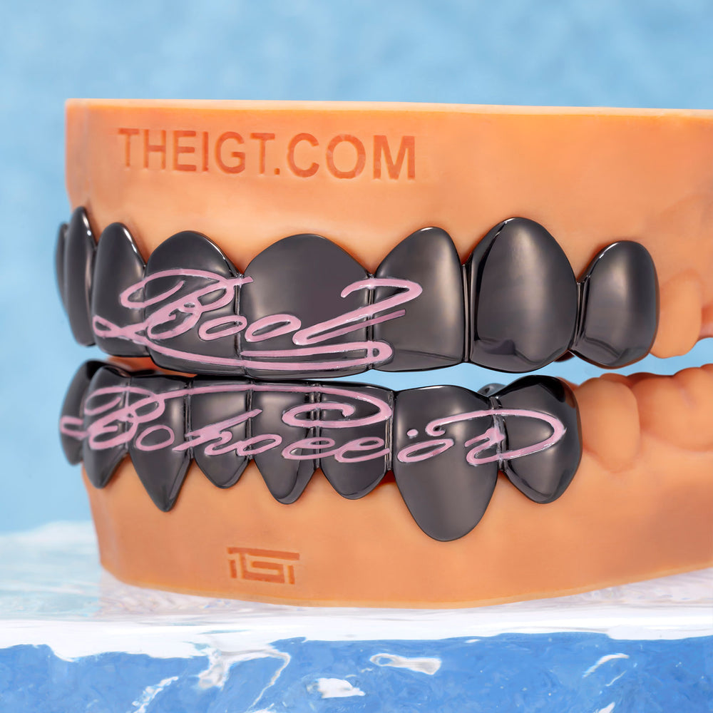 Pink Script Black Gold Grillz