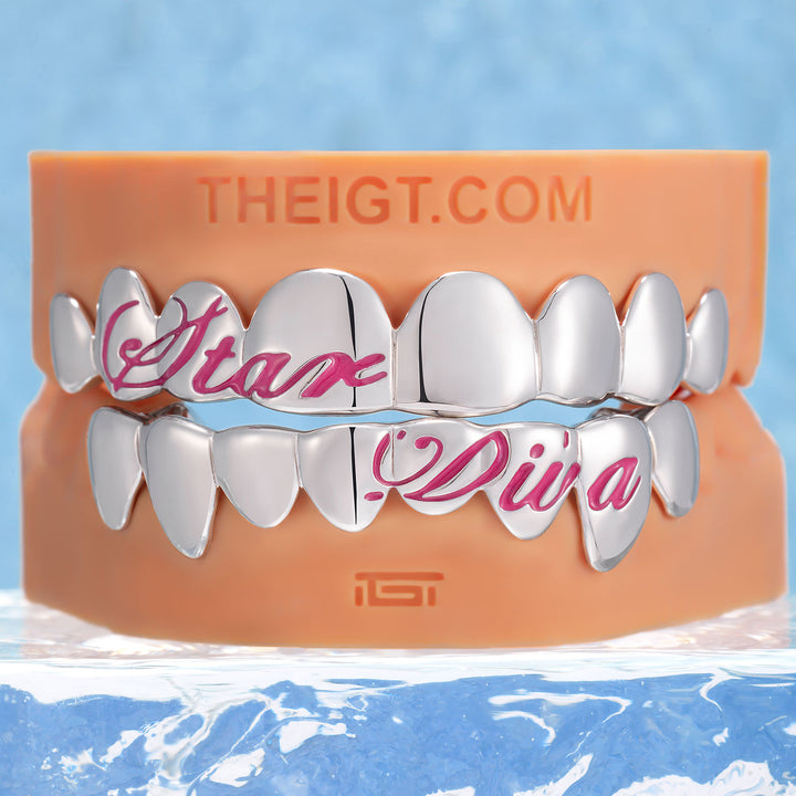 Pink Script Black Gold Grillz