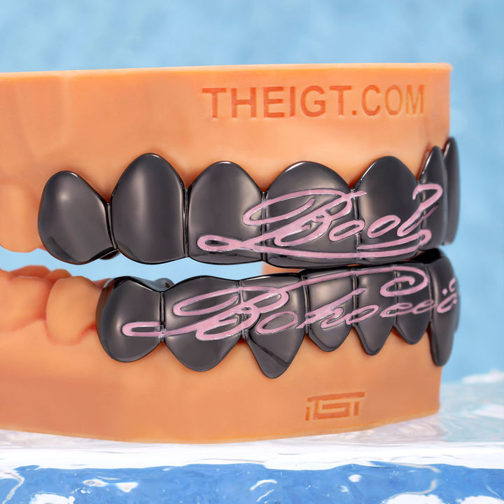 Pink Script Black Gold Grillz