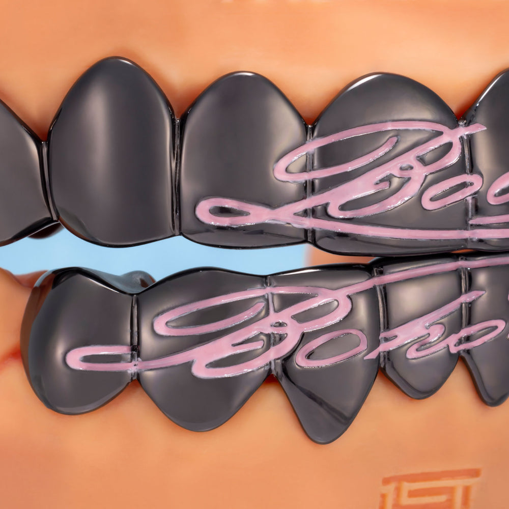 Pink Script Black Gold Grillz