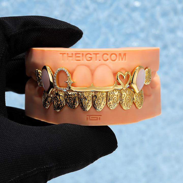Pink Shell Heart Molten Gold Moissanite Grillz