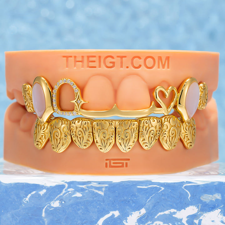 Pink Shell Heart Molten Gold Moissanite Grillz
