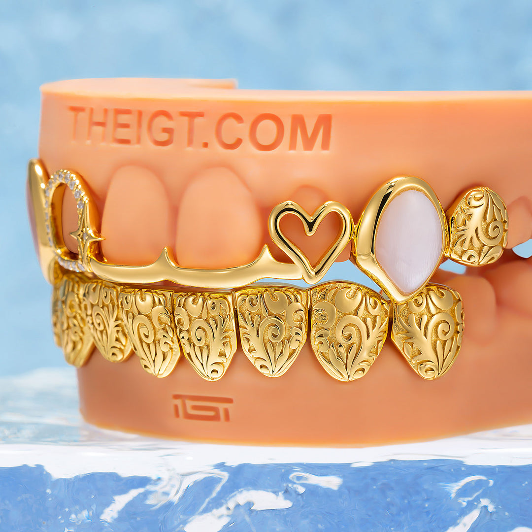 Pink Shell Heart Molten Gold Moissanite Grillz
