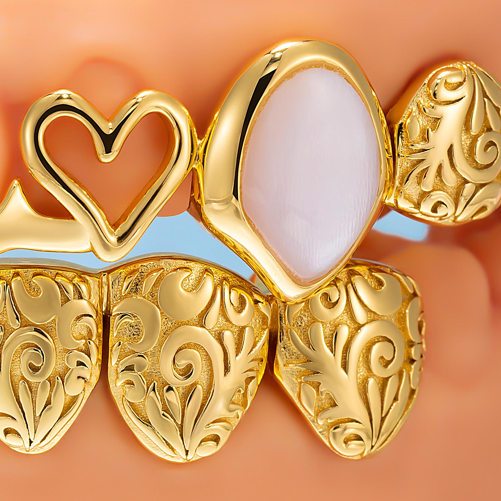 Pink Shell Heart Molten Gold Moissanite Grillz