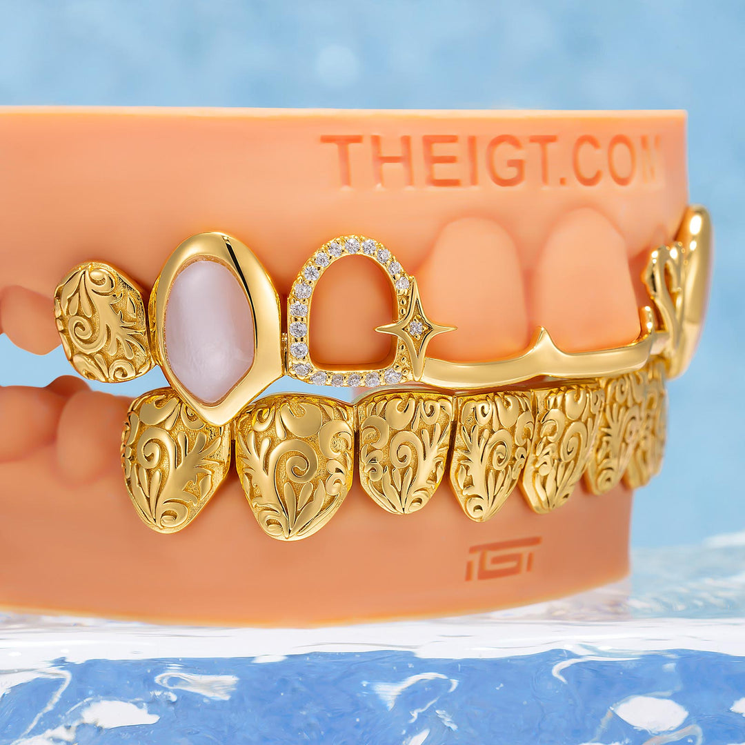 Pink Shell Heart Molten Gold Moissanite Grillz