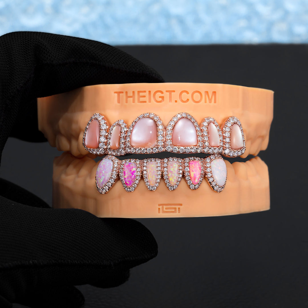 Pink Shell & Opal Diamond Grillz Set