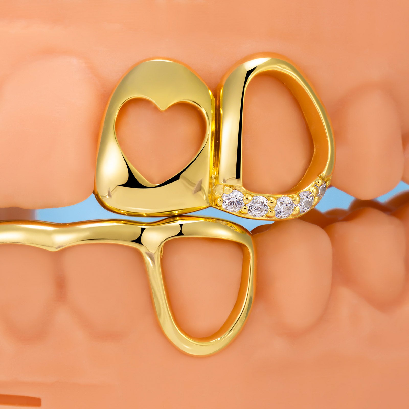 Pink Stone & Gold Heart Open Grillz