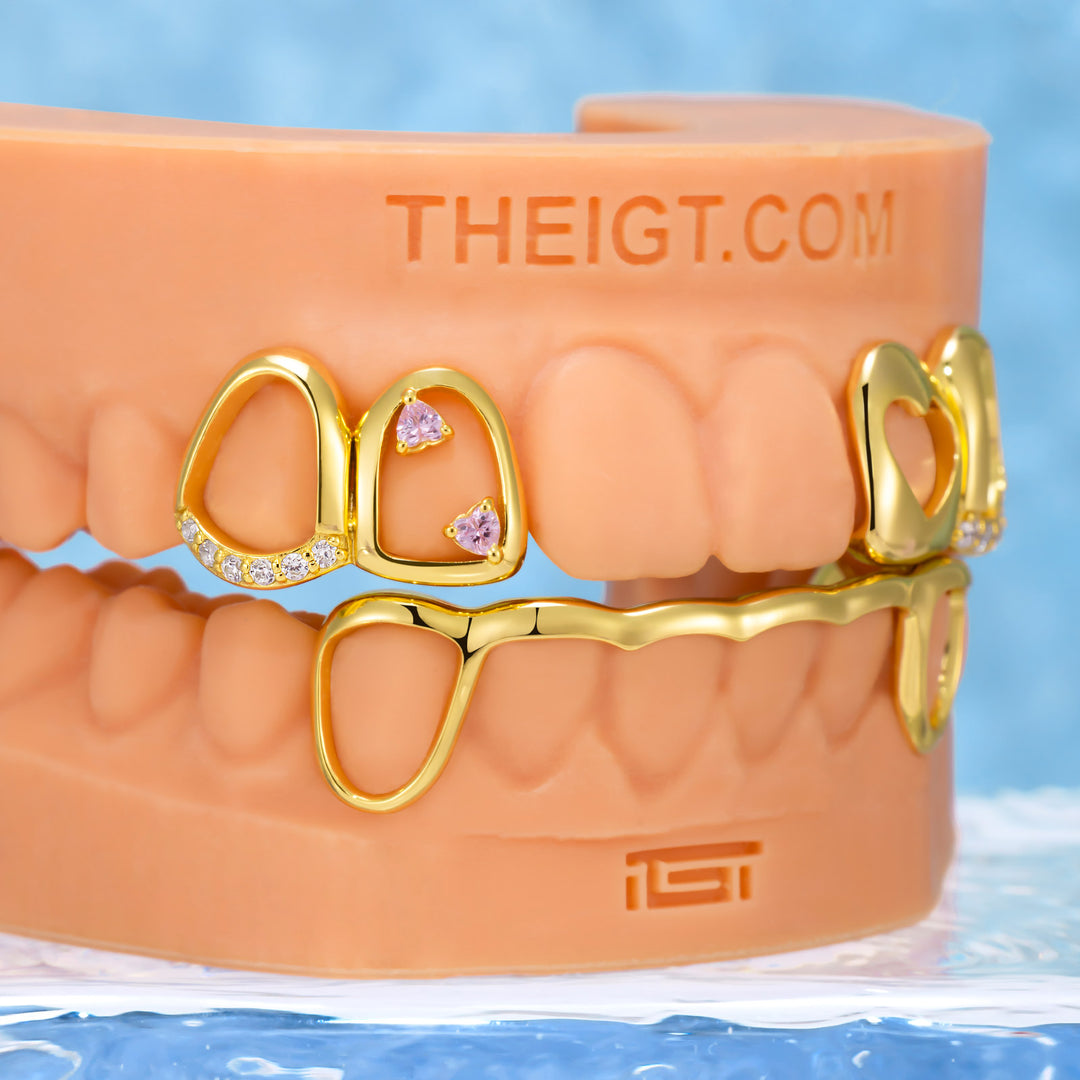 Pink Stone & Gold Heart Open Grillz