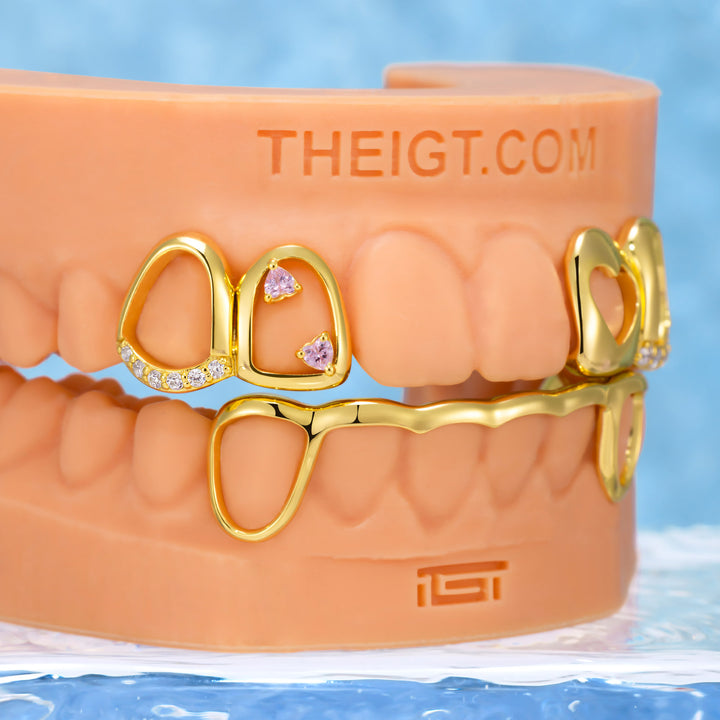 Pink Stone & Gold Heart Open Grillz