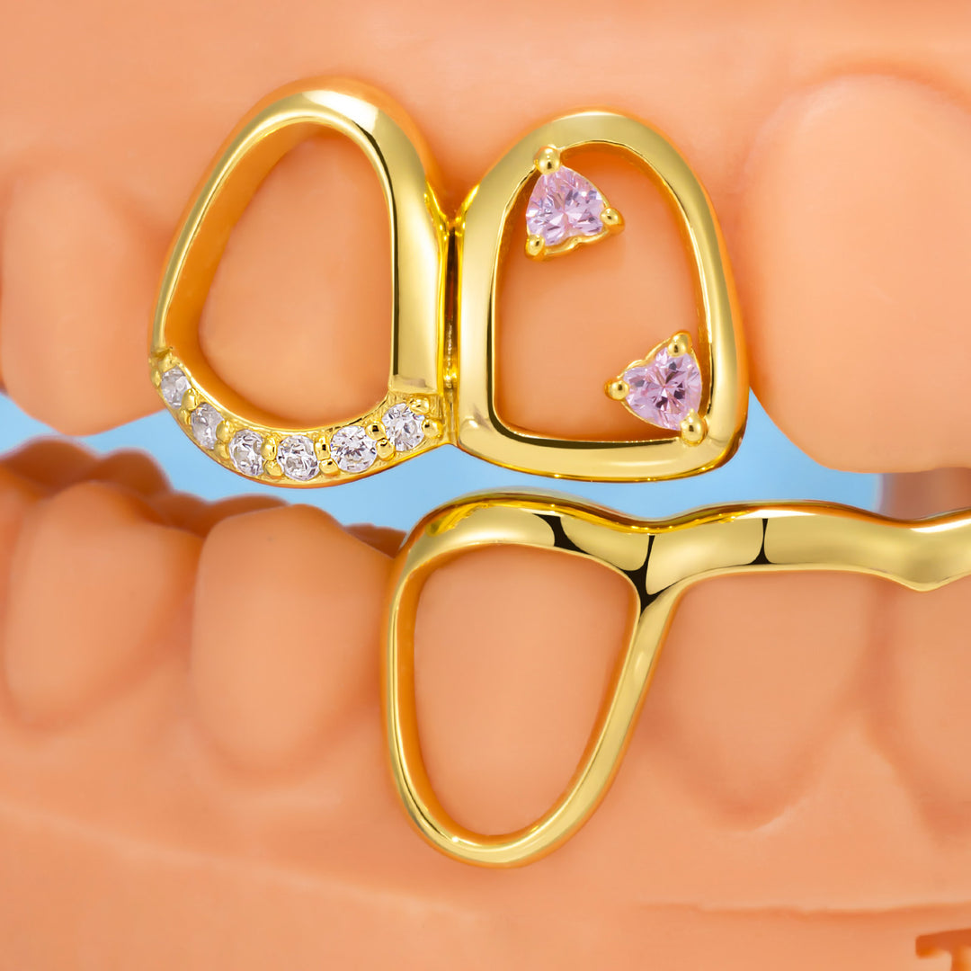 Pink Stone & Gold Heart Open Grillz
