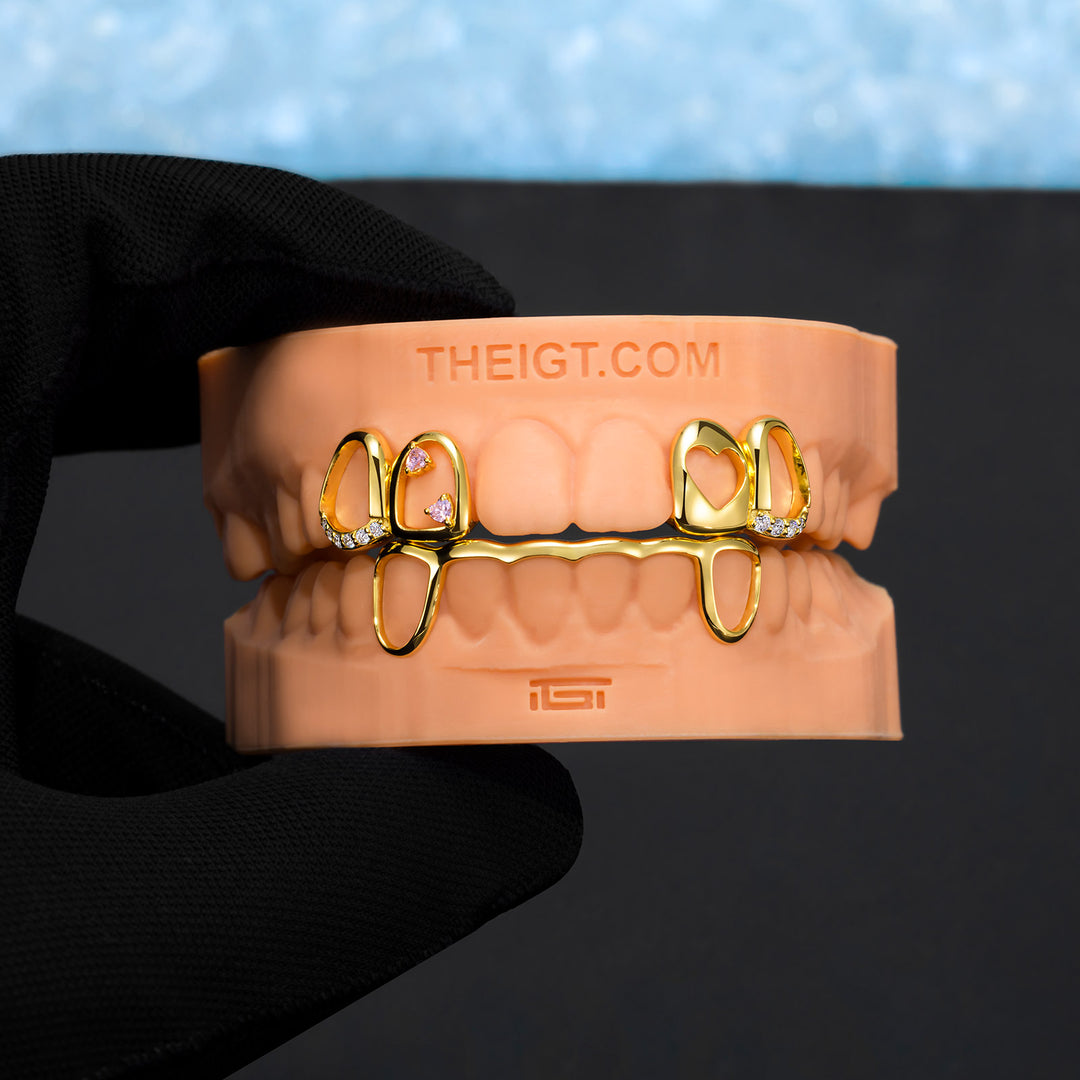 Pink Stone & Gold Heart Open Grillz