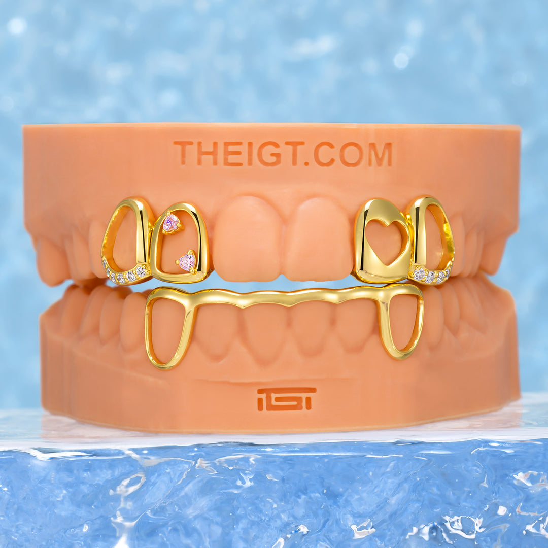 Pink Stone & Gold Heart Open Grillz