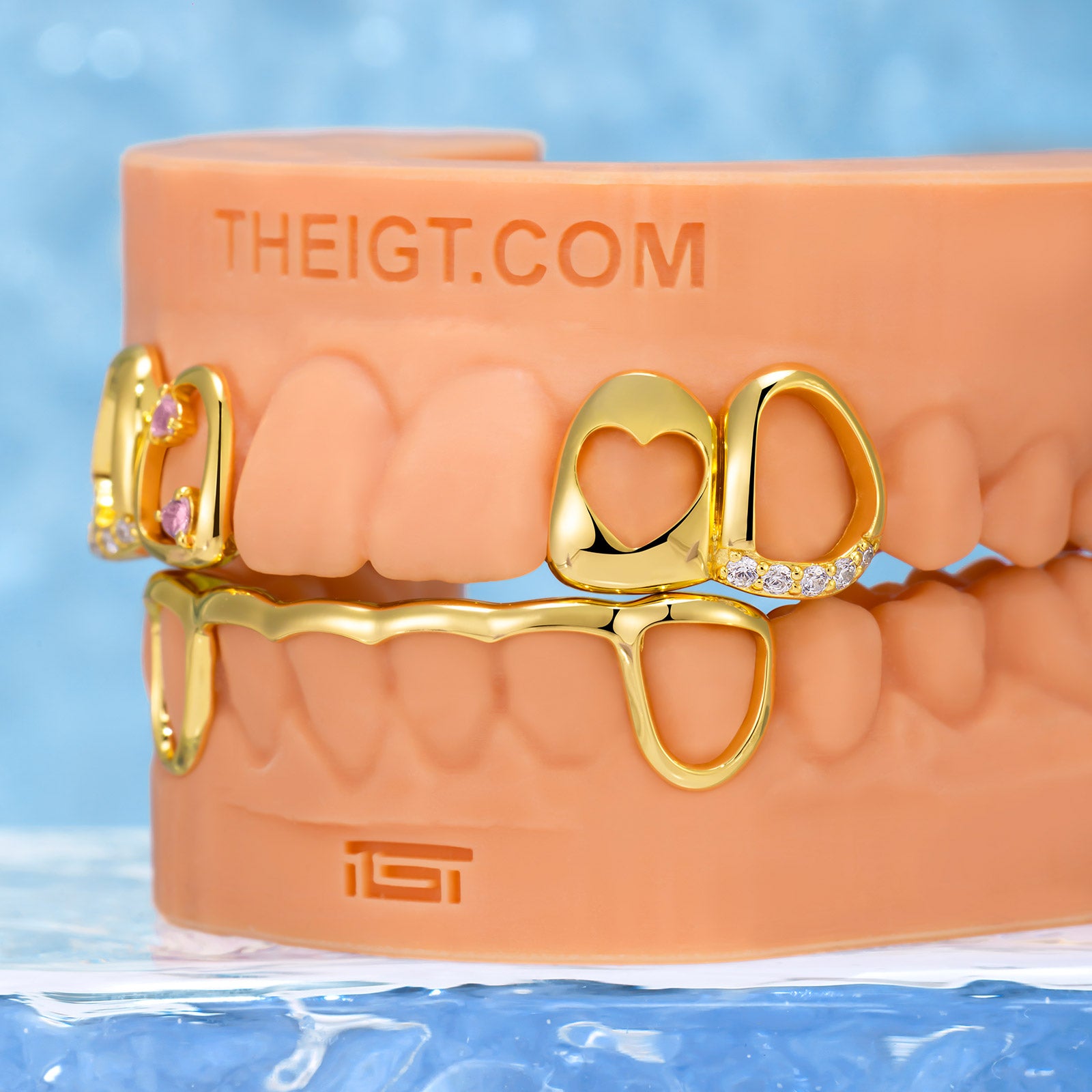 Pink Stone & Gold Heart Open Grillz