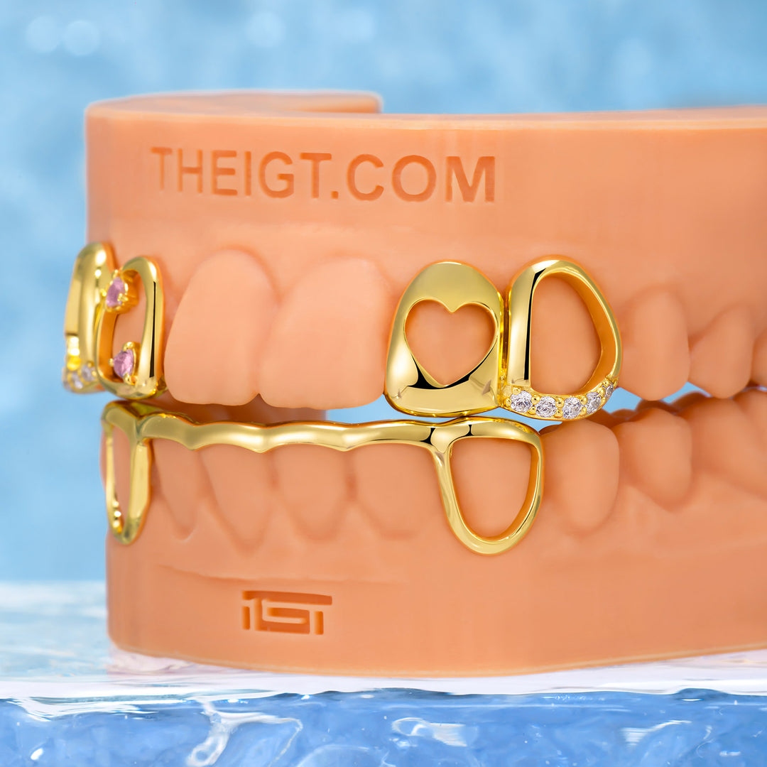 Pink Stone & Gold Heart Open Grillz