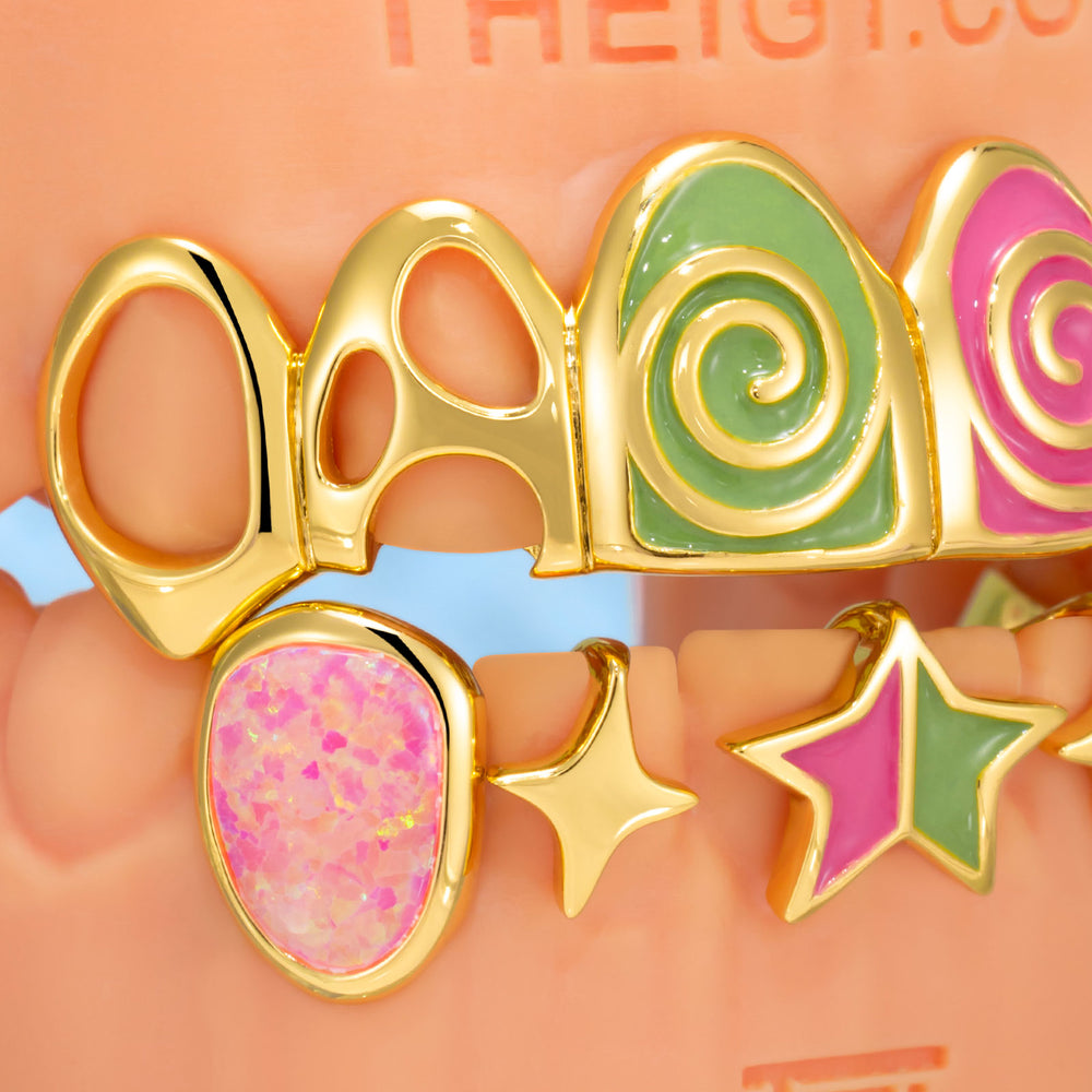 Pink & Green Enamel Swirl Opal Grillz