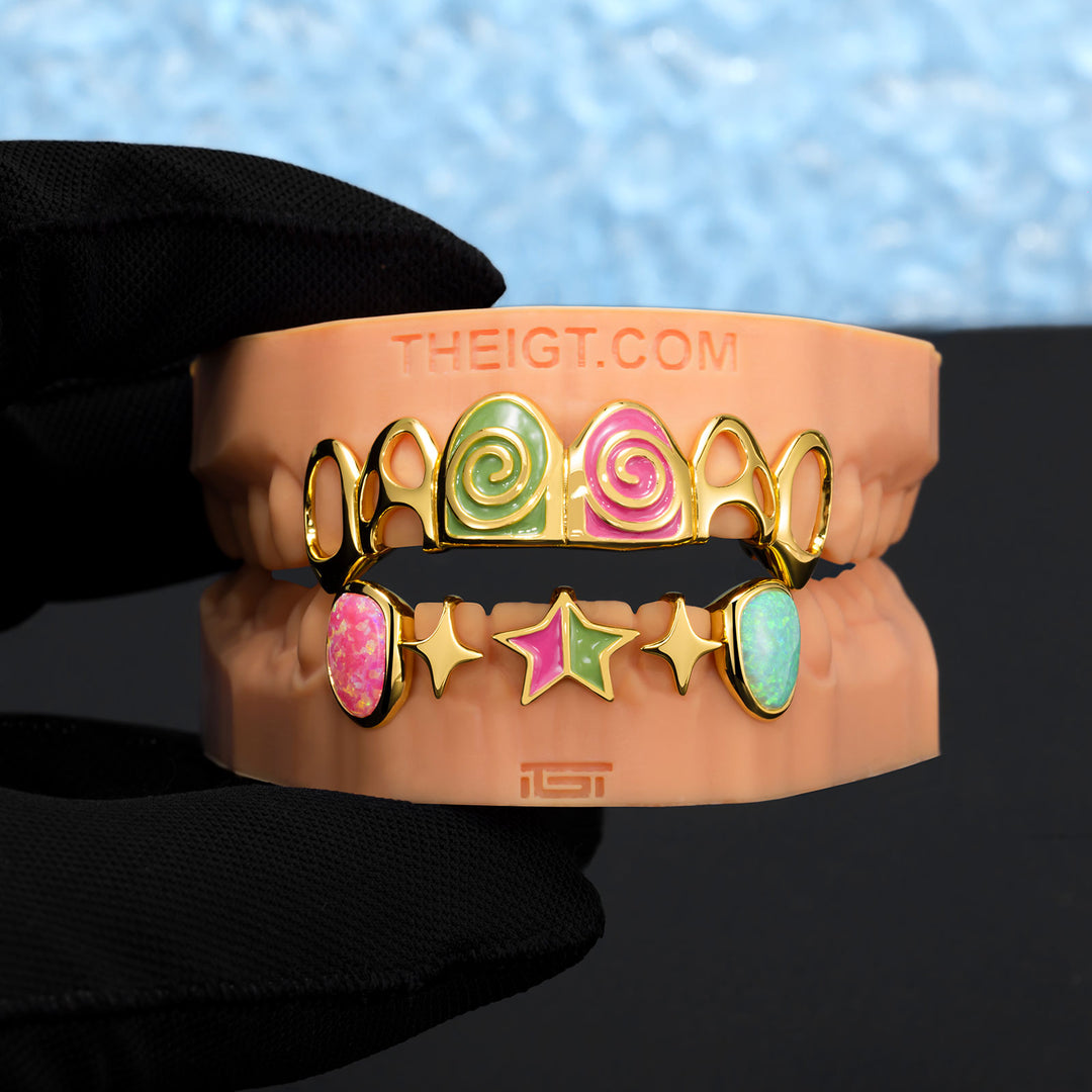 Pink & Green Enamel Swirl Opal Grillz