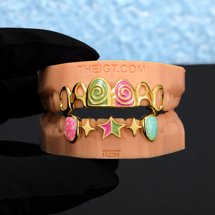 Pink & Green Enamel Swirl Opal Grillz