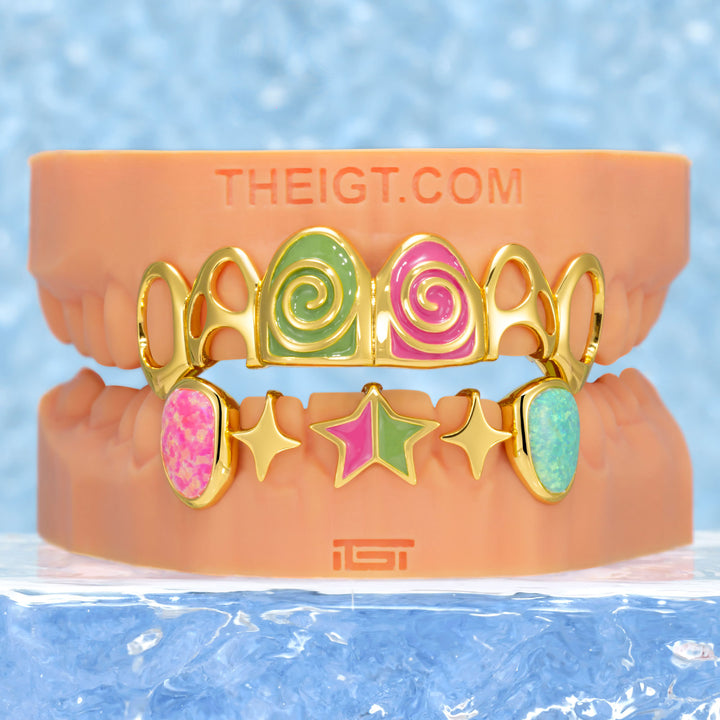 Pink & Green Enamel Swirl Opal Grillz