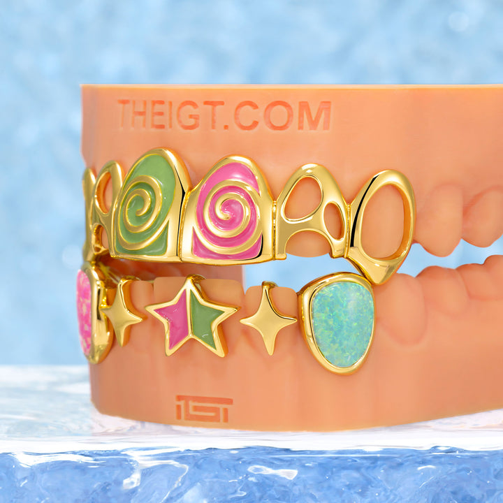 Pink & Green Enamel Swirl Opal Grillz