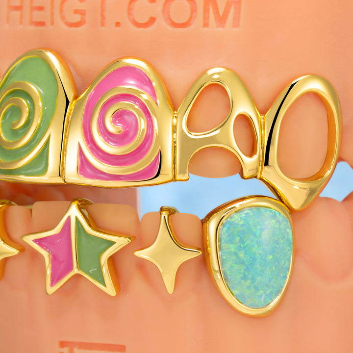 Pink & Green Enamel Swirl Opal Grillz