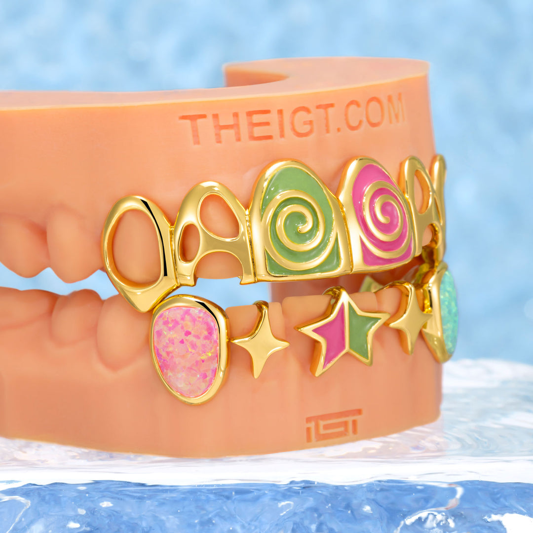 Pink & Green Enamel Swirl Opal Grillz